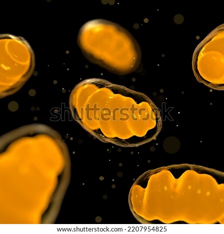 Mitochondria glowing orange producing energy on black bakcground