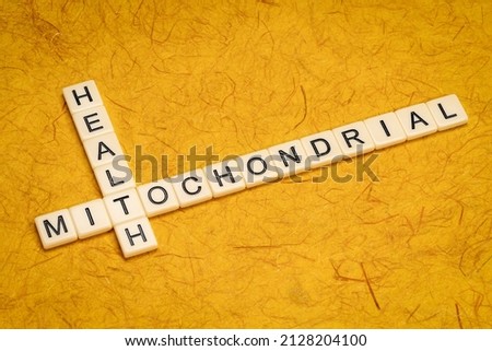 mitochondrial health crossword in ivory letter tiles against textured handmade paper, healthy lifestyle and aging concept