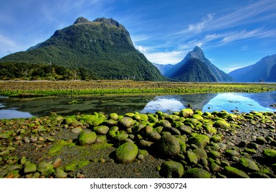 Mitre Peak In New Zealand At Low Tide