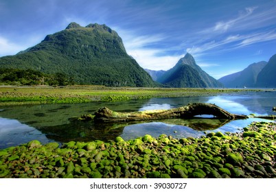 Mitre Peak In New Zealand At Low Tide