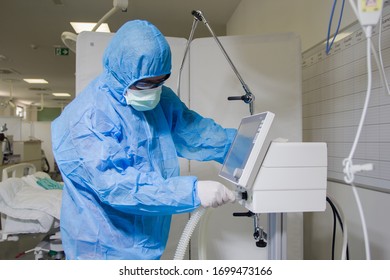 Mittaphab Hospital, Vientiane / Laos - April 10, 2020: A Doctor Preparing Ventilator At ICU Room For Covid-19 Patient.