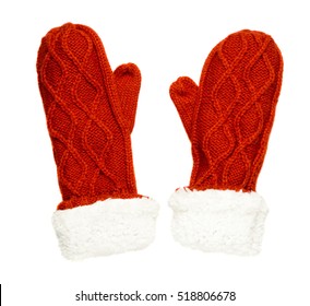 Mittens isolated on white background. Knitted mittens. Mittens top view.red mittens .