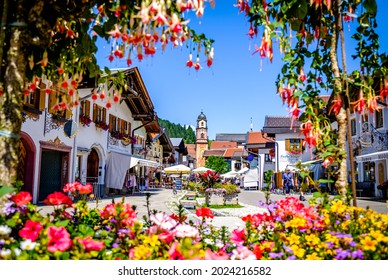 Mittenwald, Germany - July 29: historic buildings at the famous old town of Mittenwald on July 29, 2021
