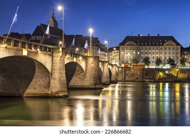 Mittlere bridge over Rhine river at sunset, Basel, Switzerland
