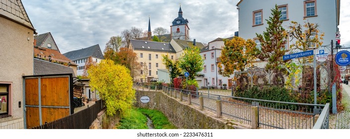 Mittweida, Saxony, Germany – October 26, 2022: View over historical downtown of a small town Mittweida, with old German traditional buildings at Autumn colors - Shutterstock ID 2233476311