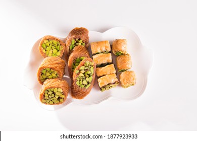 Mix Baklava Dish Or Baklawa Is Arabic And Turkish Traditional Sweets With Pistachio , Top View
