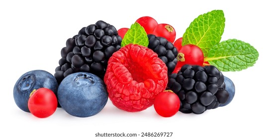 Mix of Berries  for smoothie isolated. Fresh Blueberry, blackberry, Currant berry, raspberry with leaves on white background.  - Powered by Shutterstock