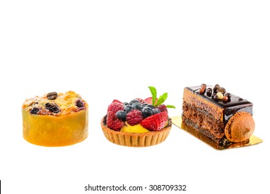 Mix Berry Tart And Coffee Cake Slice On White Background