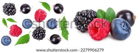 mix of blackberry blueberry raspberry isolated on white background. Top view. Flat lay pattern
