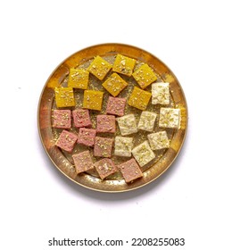 Mix Burfi Or Barfi In A Plate Top View - An Indian Traditional Sweet Or Mithai In Thali