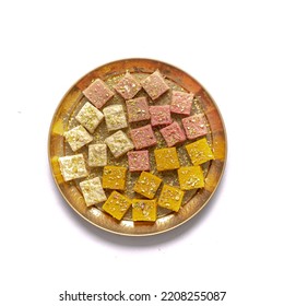 Mix Burfi Or Barfi In A Plate Top View - An Indian Traditional Sweet Or Mithai In Thali