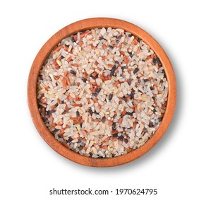 Mix Of Cereal Germ, Red Rice And Riceberry In Wooden Bowl Isolated On White Background. Top View