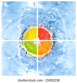 Mix Of Citrus Dropped Into Water With Bubbles Isolated On White