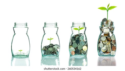 Mix Coins And Seed In Clear Bottle On White Background,Business Investment Growth Concept