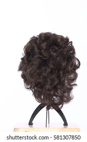 Mix Color Blonde Dark Brown Hair Wig On Head Holder Stand On Wood Table Floor White Background Studio Lighting