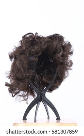 Mix Color Blonde Dark Brown Hair Wig On Head Holder Stand On Wood Table Floor White Background Studio Lighting