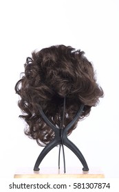 Mix Color Blonde Dark Brown Hair Wig On Head Holder Stand On Wood Table Floor White Background Studio Lighting