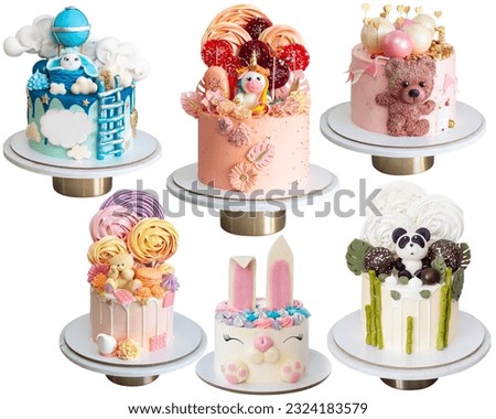 Mix of different colorful cakes with animals for children' birthday party. Isolated on white background, png