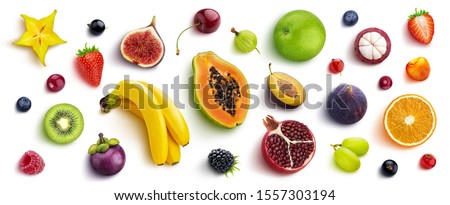 Mix of different fruits and berries isolated on white background, flat lay, top view