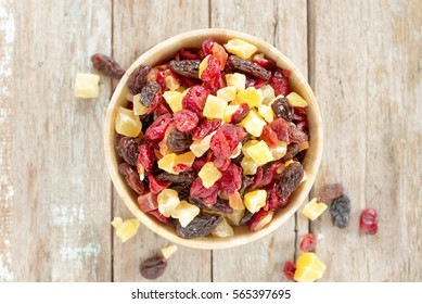 Mix Dried Fruit In Wooden Bowl, Healthy Snack
