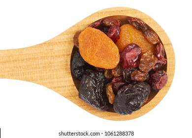 Mix Of Dried Fruits (prunes, Raisins, Apricots And Cranberries) In Wooden Spoon Isolated On White Background