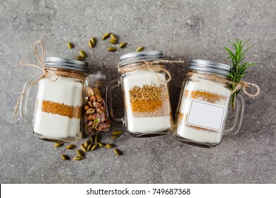 Mix Of Flour, Sugar, Nuts For Baking In A Jar . Handmade Gift.