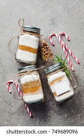 Mix Of Flour, Sugar, Nuts For Baking In A Jar . Christmas Mood Theme. Handmade Gift.