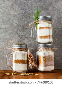 Mix Of Flour, Sugar, Nuts For Baking In A Jar . Handmade Gift.