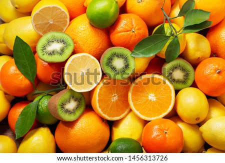 mix of fresh fruits as background, top view