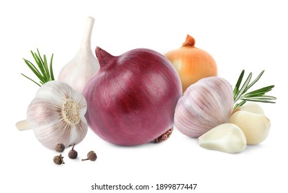 Mix Of Fresh Garlic And Onions On White Background