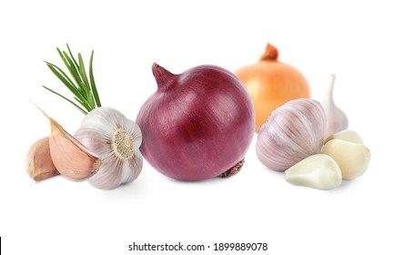 Mix Of Fresh Garlic And Onions On White Background