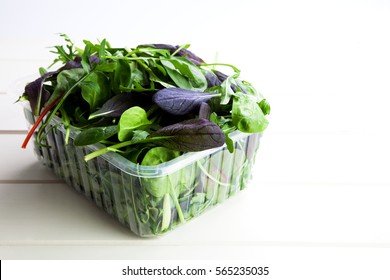 Mix Of Fresh Organic Salad In Plastic Box Packaging