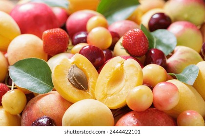 Mix of fresh ripe fruits with leaves as background - Powered by Shutterstock