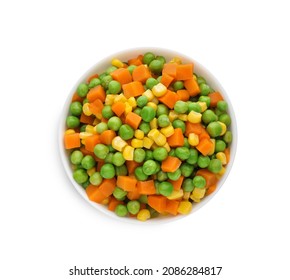 Mix Of Fresh Vegetables In Bowl On White Background, Top View