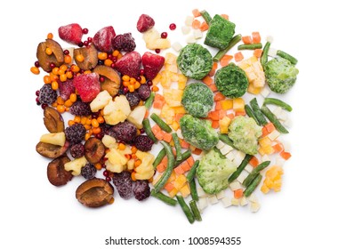 Mix Of Frozen Fruits, Berries And Vegetables Isolated Over White, Top View