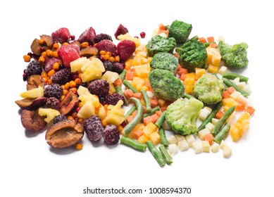 Mix Of Frozen Fruits, Berries And Vegetables Isolated Over White