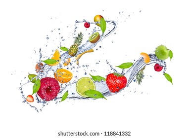 Mix Of Fruit In Water Splash, Isolated On White Background