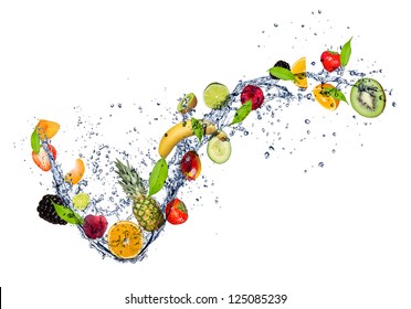  Mix Of Fruit In Water Splash, Isolated On White Background