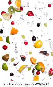 Mix Of Fruit With Water Splashes Isolated On White Background