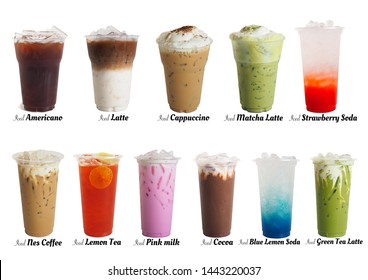 Mix ice beverage ex.green tea,cocoa,coffee,soda, pink milk, lemon iced tea, and a ice matcha latte. Macro.