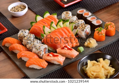 Mix of Japanese food on restaurant table
