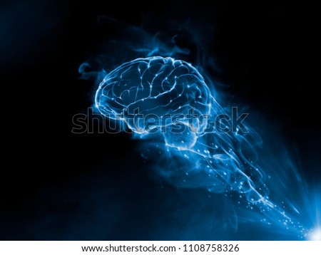 Mix Media 3D Render - Brain blue fire smoke effect on the black background