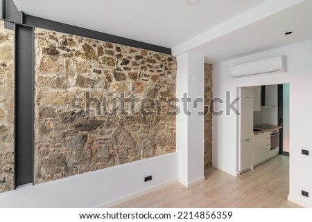 Mix of new and old architecture. Refurbished apartment with restored ancient wall left from old city buildings. Interior of empty renovated room with view to a small kitchen.