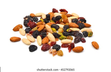 Mix Nuts, Dry Fruits And Grapes On A White Background