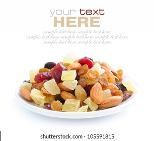 Mix Nuts And Dry Fruits On A White Background