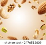 Mix of nuts flying isolated on a white background. Pistachios, Almonds, walnuts, Cashews falling set, collection isolated. Assorted nuts mix floating above white background.