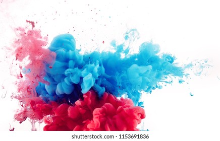 Mix Of Red And Blue Ink Splashes On White Background