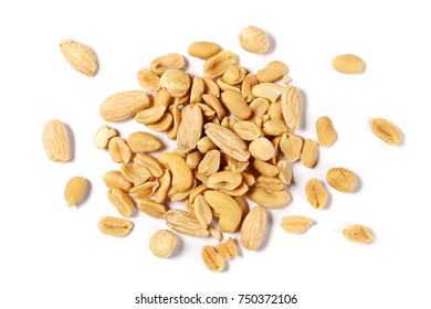 Mix Of Roasted And Salted Peanuts, Cashew Nuts, Almonds And Hazelnut Isolated On White Background, Top View
