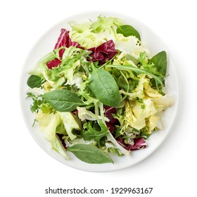 Mix Salad In A Plate On A White Background. Top View.