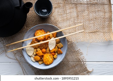 Mix Of Senbei Rice Crackers In A Bowl. A Delicious Japanese Snack.